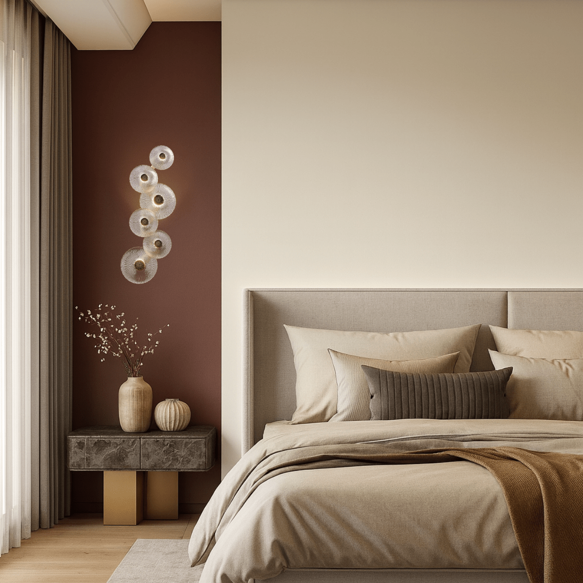 Amoria wall lamp mounted in a contemporary bedroom, casting warm LED light through Murano-style glass discs for a soft, elegant ambiance.