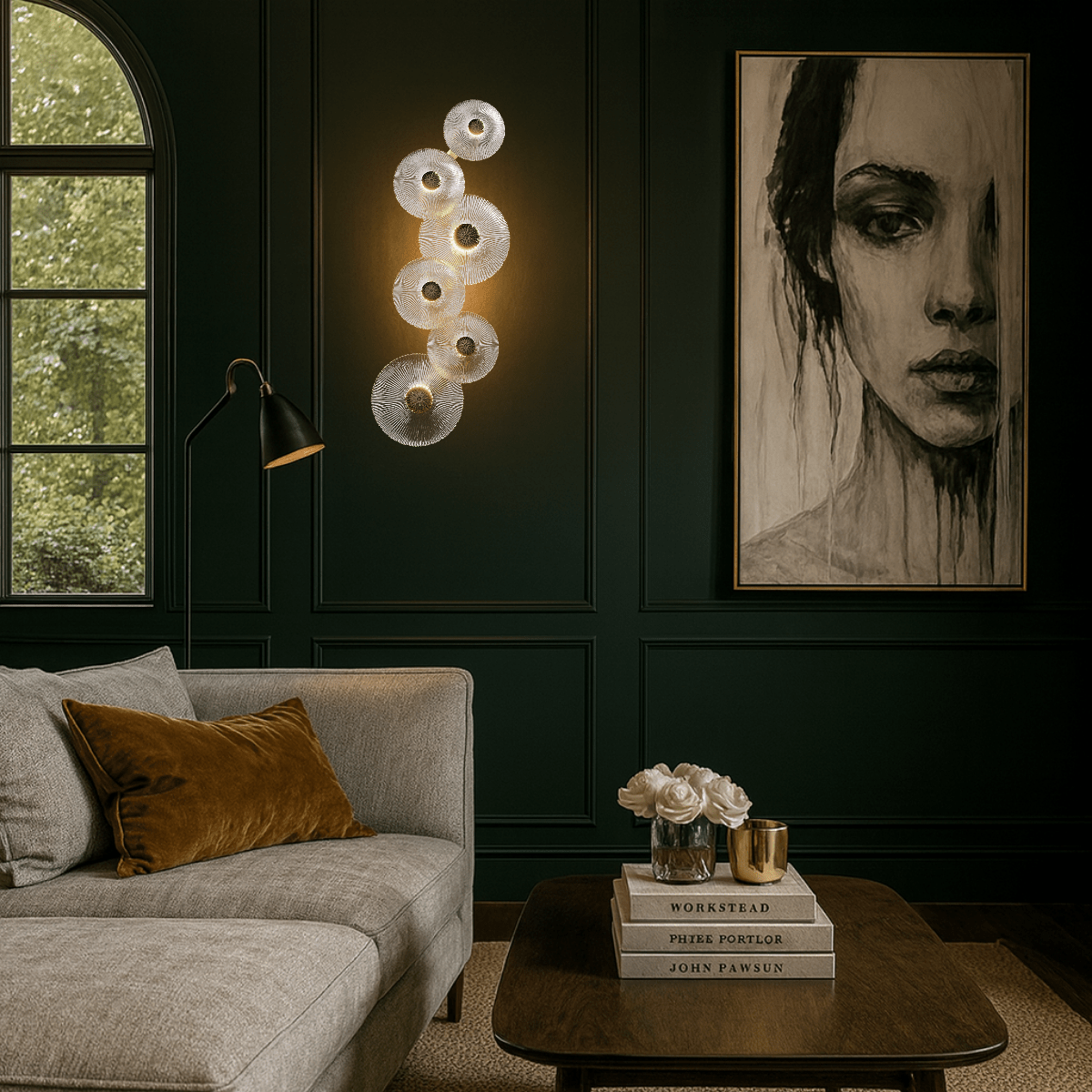 Modernus Amoria wall lamp installed on dark green living room wall, illuminating a modern seating area with warm sculptural glass lighting.