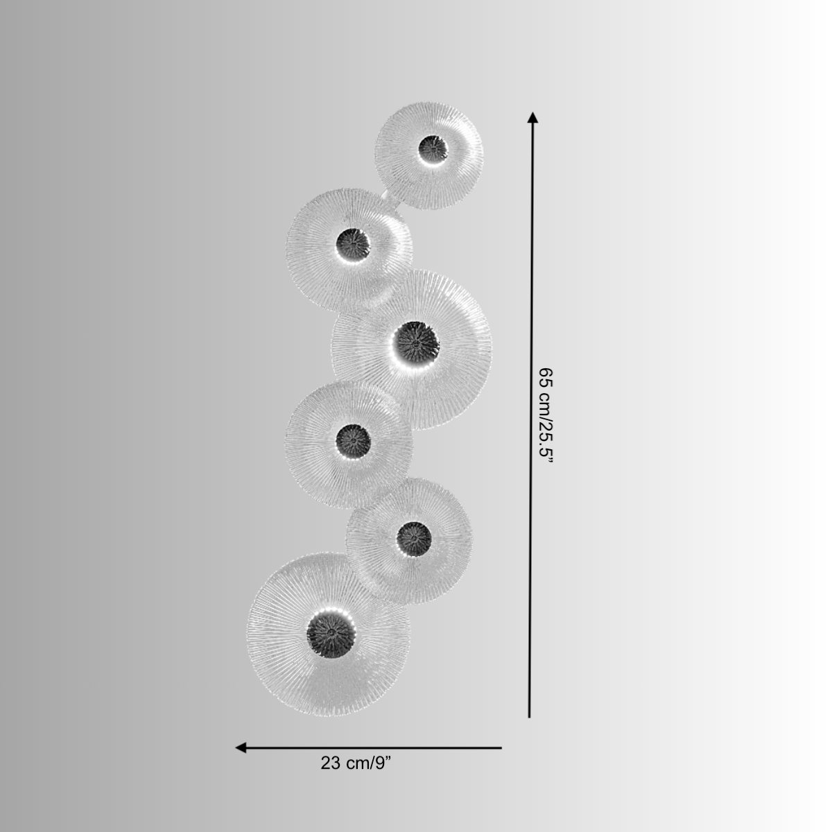 Technical dimension drawing of the Modernus Amoria wall lamp showing height, width, and arrangement of Murano-style glass discs.