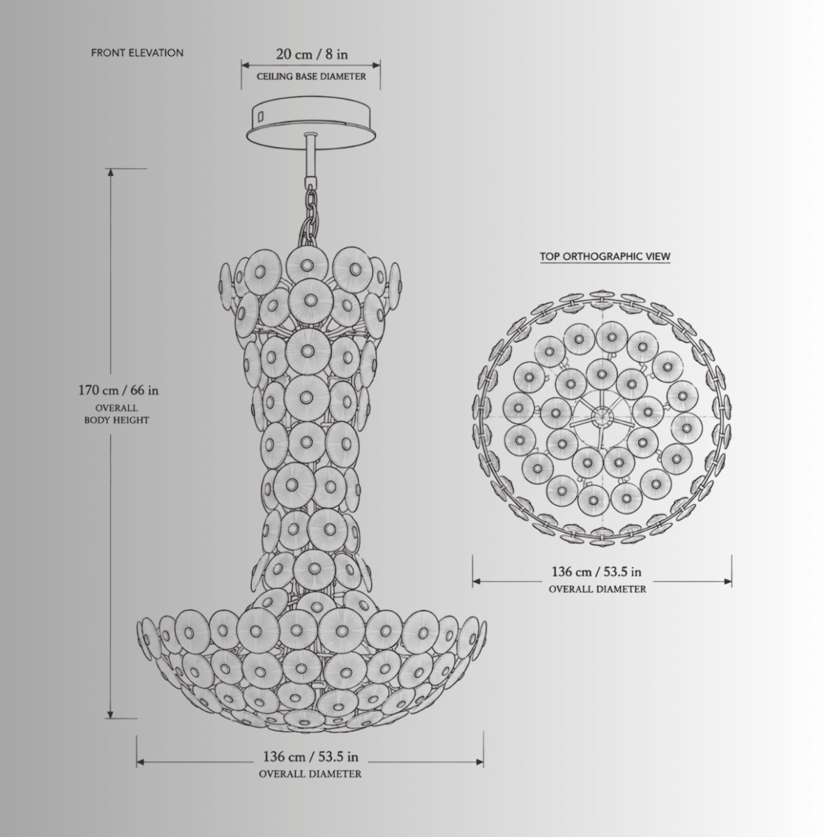 CAD drawing of the Modernus Grande large glass chandelier, front and top view orthographic elevation view with measurements