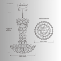 CAD drawing of the Modernus Grande large glass chandelier, front and top view orthographic elevation view with measurements