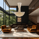 Contemporary interior featuring Modernus Grande chandelier above seating area, highlighting sculptural glass discs.