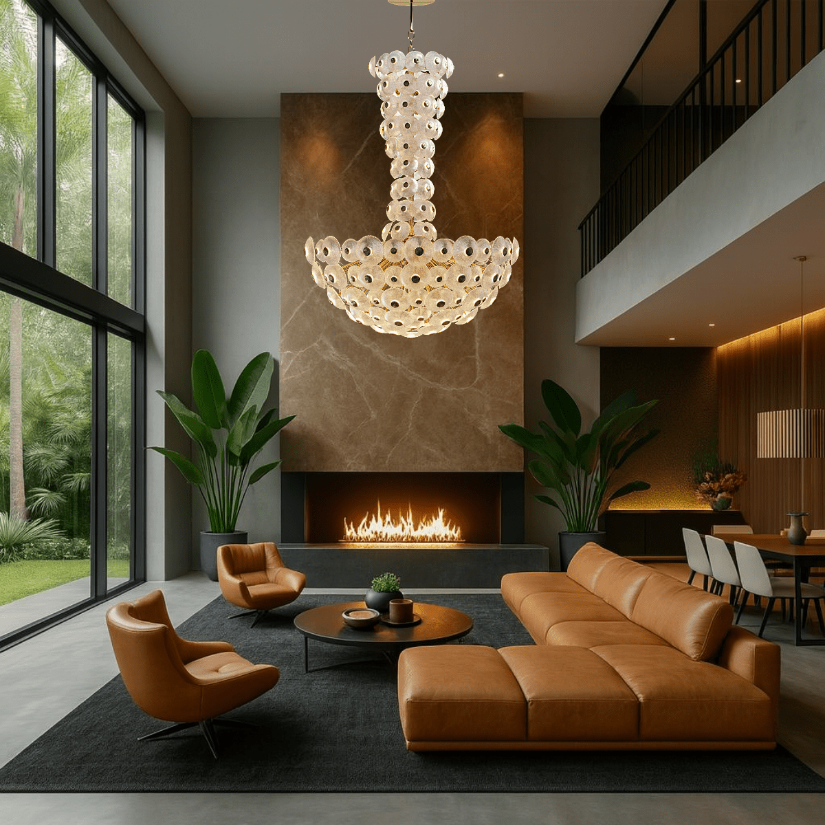 Modernus Grande chandelier installed in high-ceiling luxury living room with modern furniture and architectural windows.