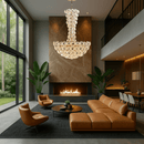 Modernus Grande chandelier installed in high-ceiling luxury living room with modern furniture and architectural windows.