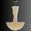Modernus Grande chandelier rendered on black background showcasing cascading sculpted glass discs and brass-gold structure.