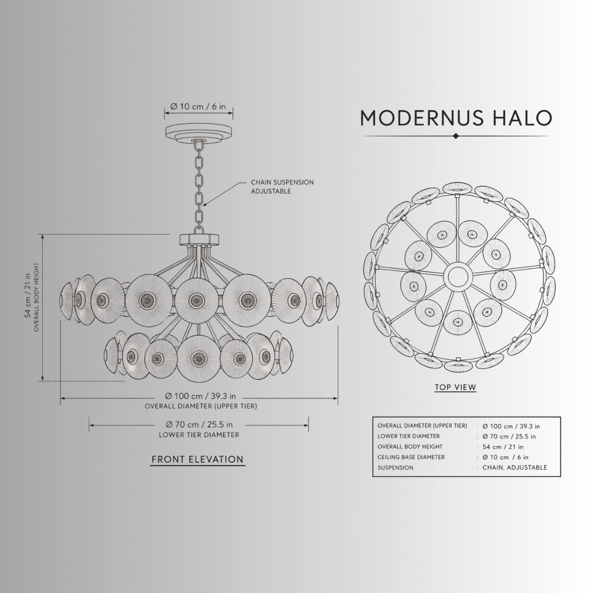 Modernus Halo double-tier Murano-style glass chandelier CAD drawing with dimensions and top view