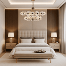 Modernus Halo chandelier illuminating a luxury bedroom with warm light and layered Murano-style glass discs.