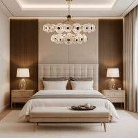 Modernus Halo chandelier illuminating a luxury bedroom with warm light and layered Murano-style glass discs.