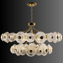 Side-angle view of the Modernus Halo chandelier showing sculptural Murano-style glass discs glowing on a dark background.