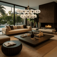 Modernus Halo chandelier installed in a luxury living room, illuminating contemporary livingroom.