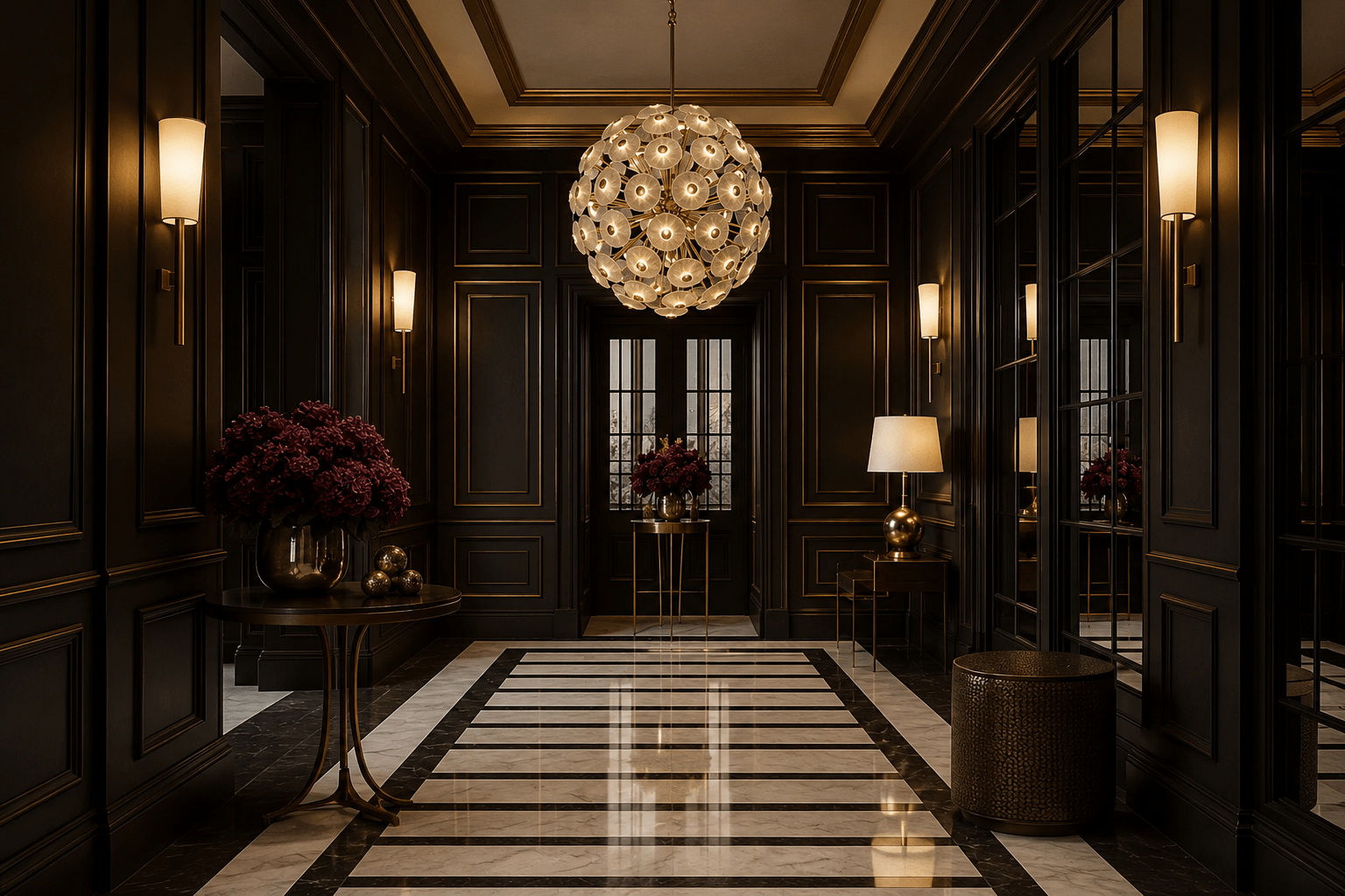Modernus Moon Murano-style glass chandelier illuminating a luxury hotel corridor in Zurich.