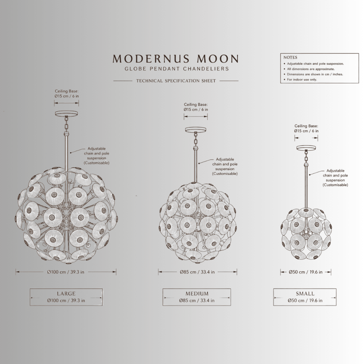Modernus Moon chandelier technical drawing showing three Murano-style glass globe sizes and dimensions.