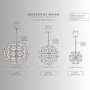 Modernus Moon chandelier technical drawing showing three Murano-style glass globe sizes and dimensions.