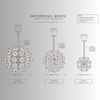 Modernus Moon chandelier technical drawing showing three Murano-style glass globe sizes and dimensions.