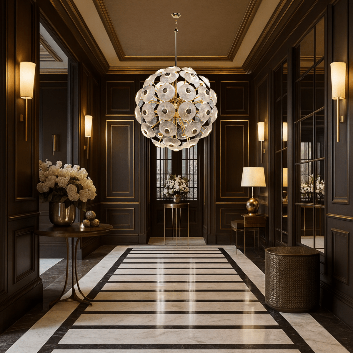 Modernus Moon chandelier installed in a luxury hotel corridor, showcasing its luminous sphere and refined contemporary design