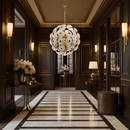 Modernus Moon chandelier installed in a luxury hotel corridor, showcasing its luminous sphere and refined contemporary design