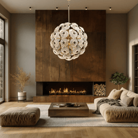 Modernus Moon chandelier illuminating a contemporary living room, showcasing its radiant glass disc sphere.