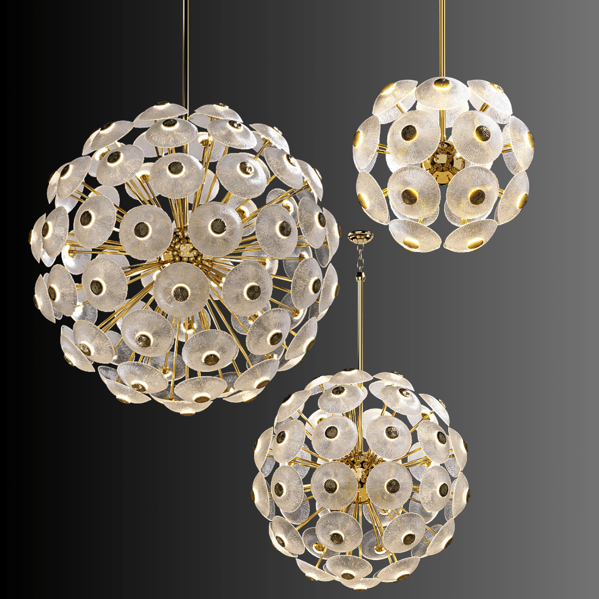 Set of Modernus Moon chandeliers featuring sculpted Murano-style glass discs arranged in glowing spherical forms.