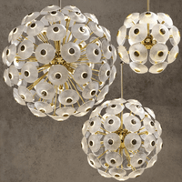 Handcrafted Modernus Moon chandeliers with Murano-style glass discs and brass-gold frame displayed in three sizes.