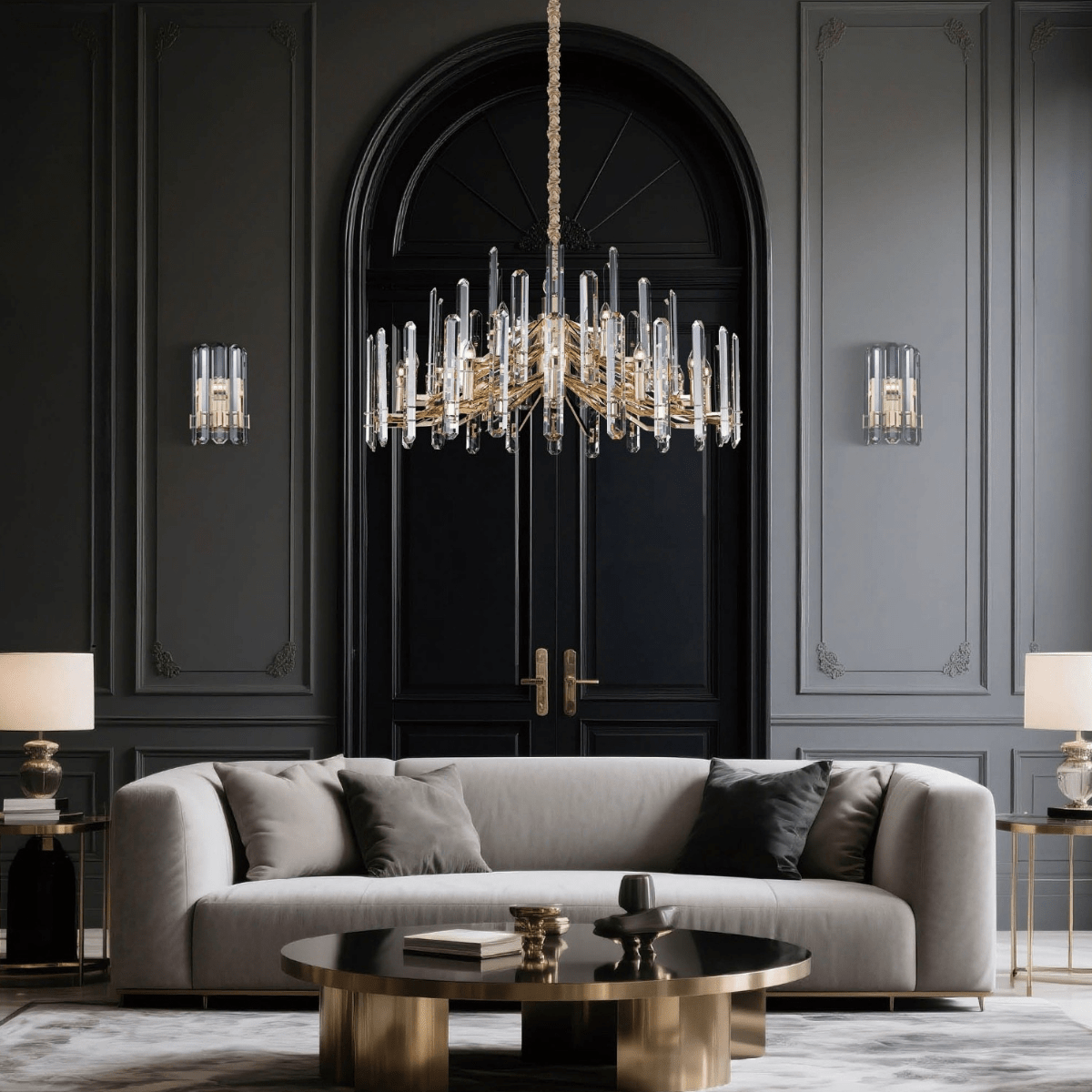 Montclair Crystal Chandelier styled in a luxury living room, showcasing its circular form and warm gold and crystal.