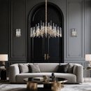 Montclair Crystal Chandelier styled in a luxury living room, showcasing its circular form and warm gold and crystal.
