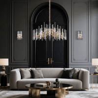Montclair Crystal Chandelier styled in a luxury living room, showcasing its circular form and warm gold and crystal.