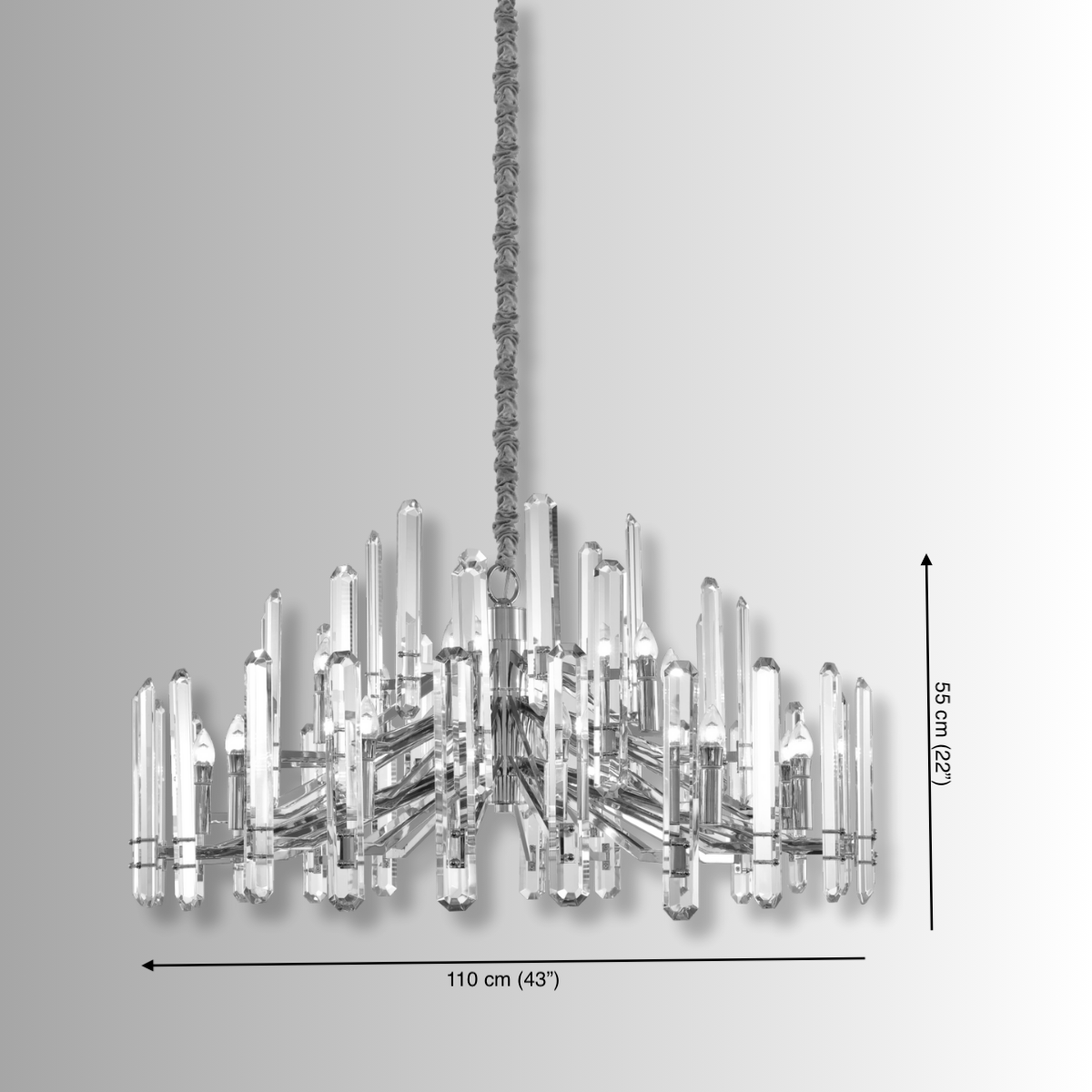 Montclair Crystal Chandelier with dimensions shown, a 110cm diameter and 55cm body height for specification reference.