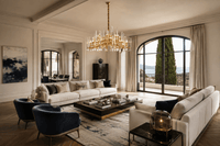 Montclair Crystal Chandelier installed in a luxury South of France villa living room with Mediterranean views.