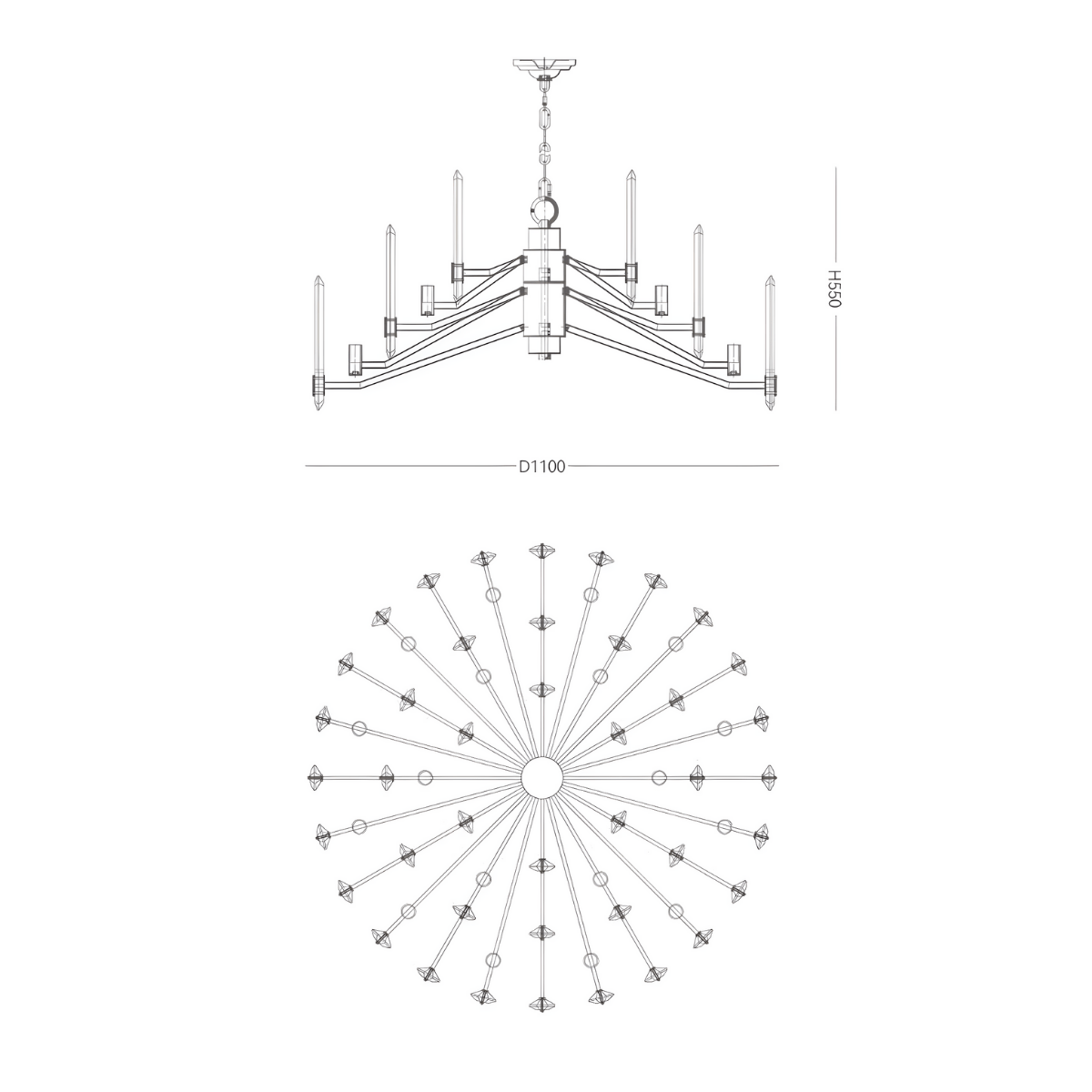 Technical drawing of the Montclair Crystal Chandelier showing 110cm diameter and 55cm body height for spec reference.