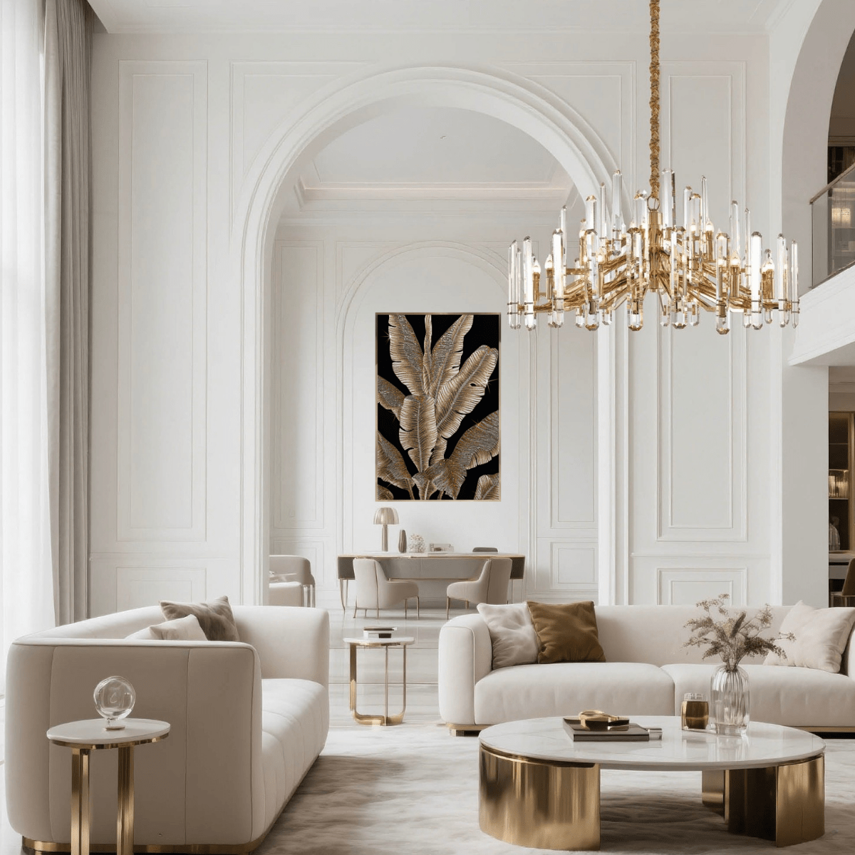 Luxury European interior featuring the Montclair Crystal Chandelier, designed for grand living spaces and refined homes.