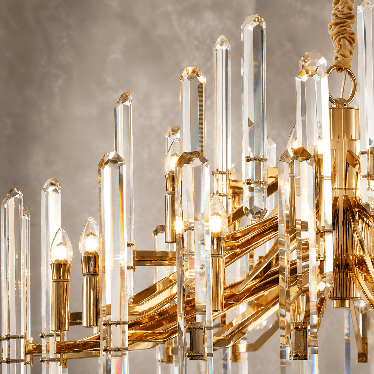 Close-up of Montclair Crystal Chandelier with lead-free crystal prisms and 18K gold-plated copper frame.