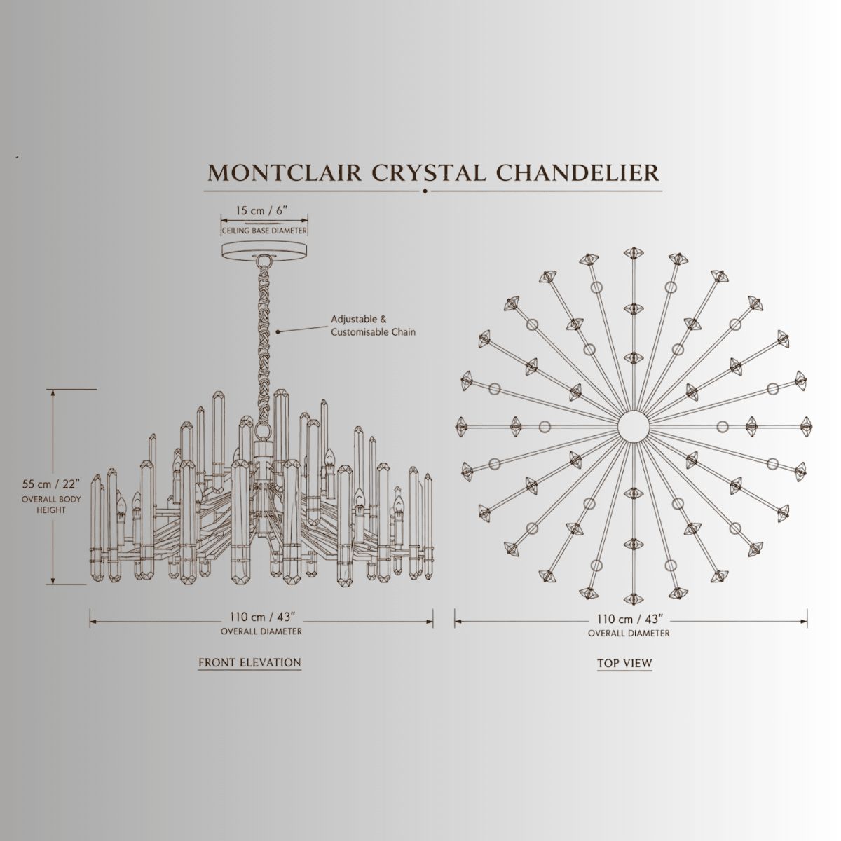 Montclair Crystal Chandelier technical drawing with front and top views, 110 cm diameter and 18 lights.