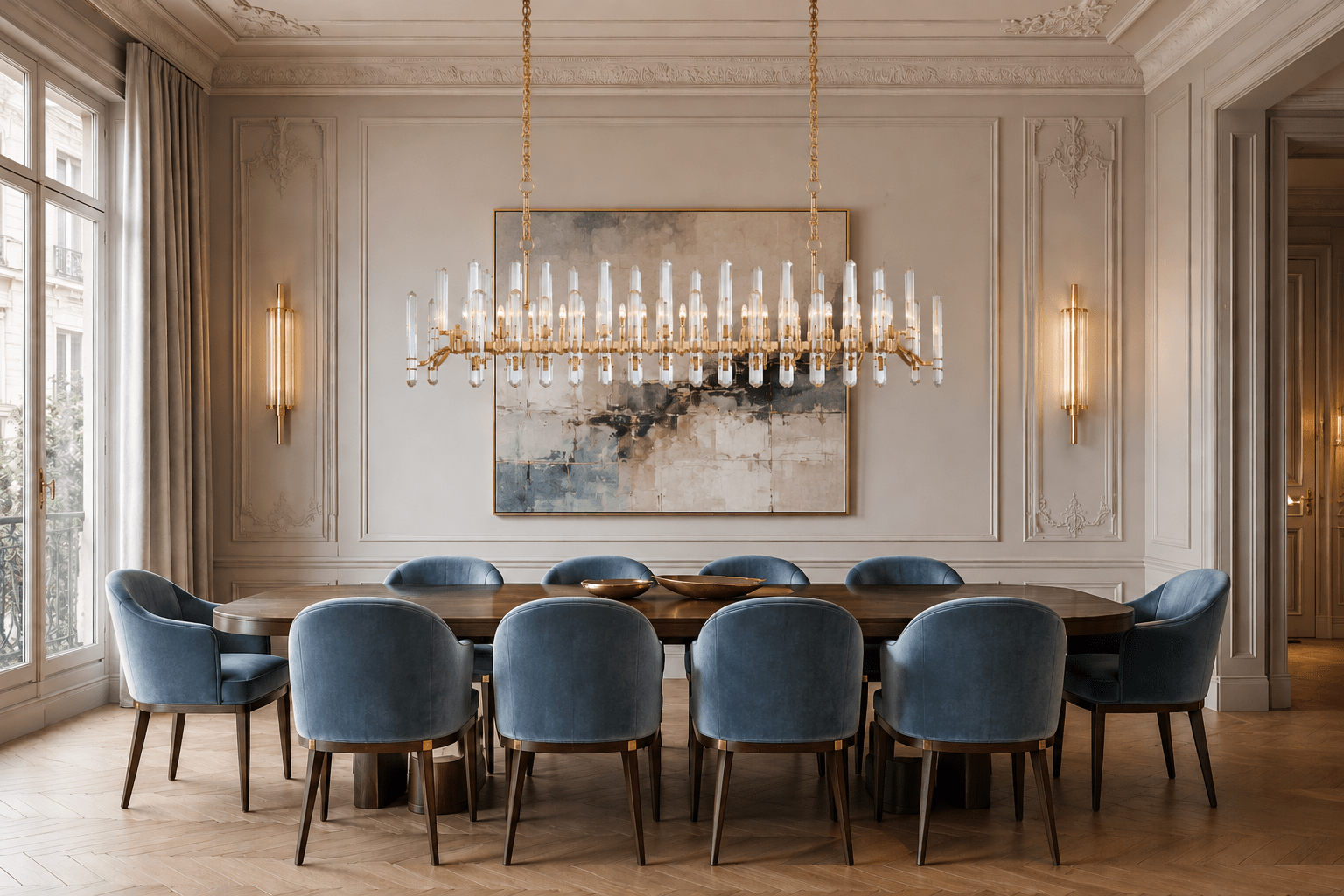 Montclair Galerie crystal linear chandelier above luxury French dining table with blue velvet chairs