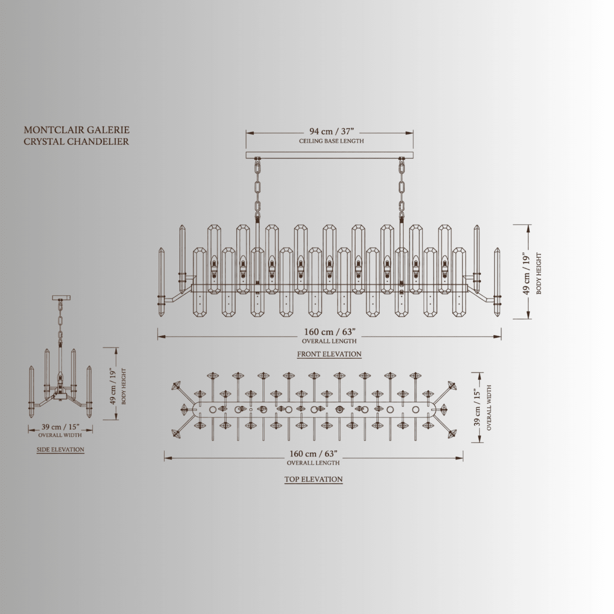 Montclair Galerie crystal linear chandelier CAD drawing with front, top and side elevation dimensions