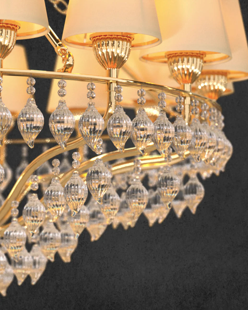 Murano-style glass drops on luxury chandelier crafted using traditional European glassmaking techniques