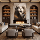Luxury living room featuring Noble Mane equestrian wall art above fireplace in a refined interior