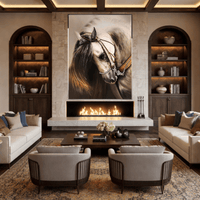 Luxury living room featuring Noble Mane equestrian wall art above fireplace in a refined interior