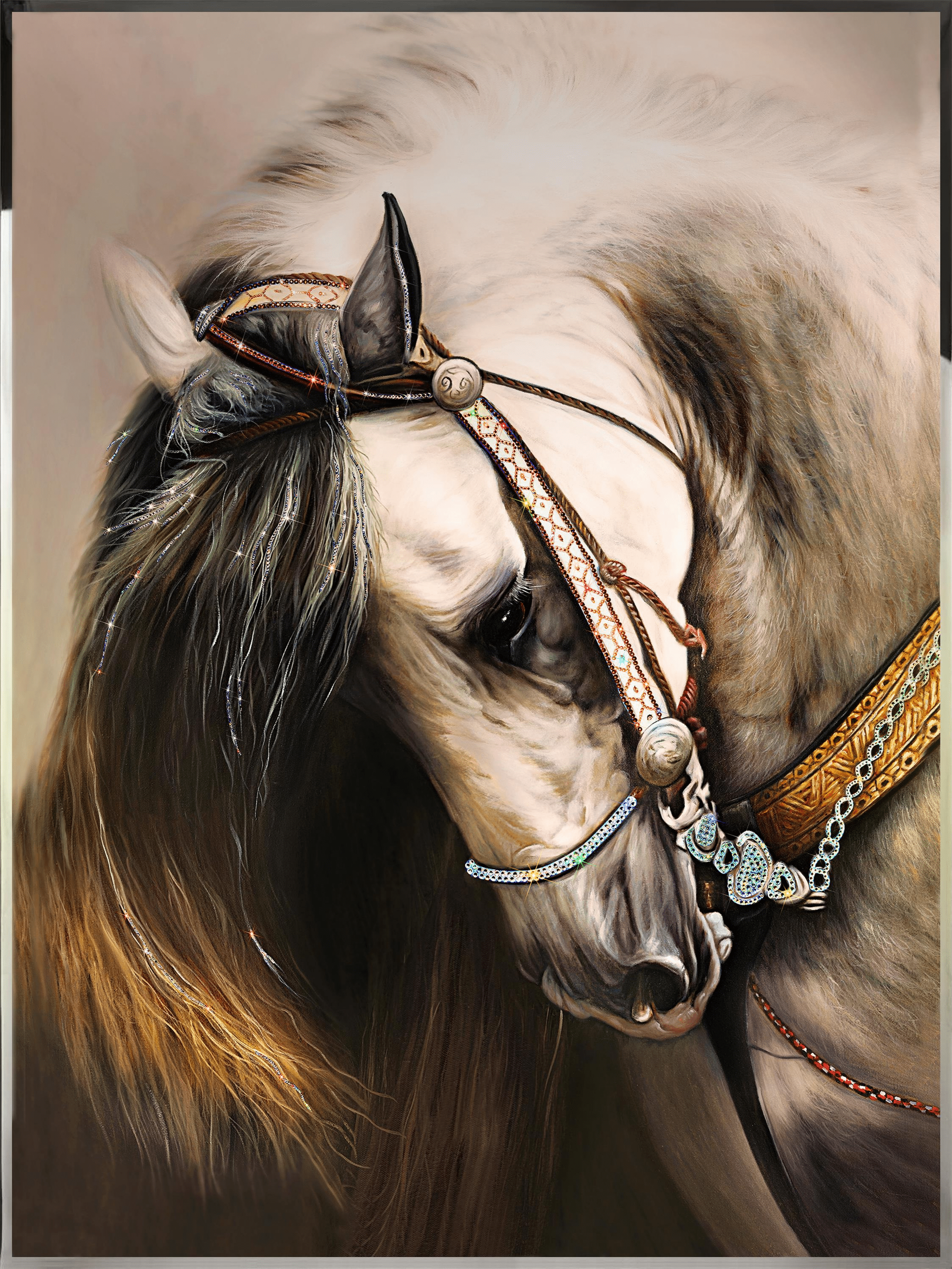 Detailed view of Noble Mane equestrian artwork highlighting refined craftsmanship and crystal accents
