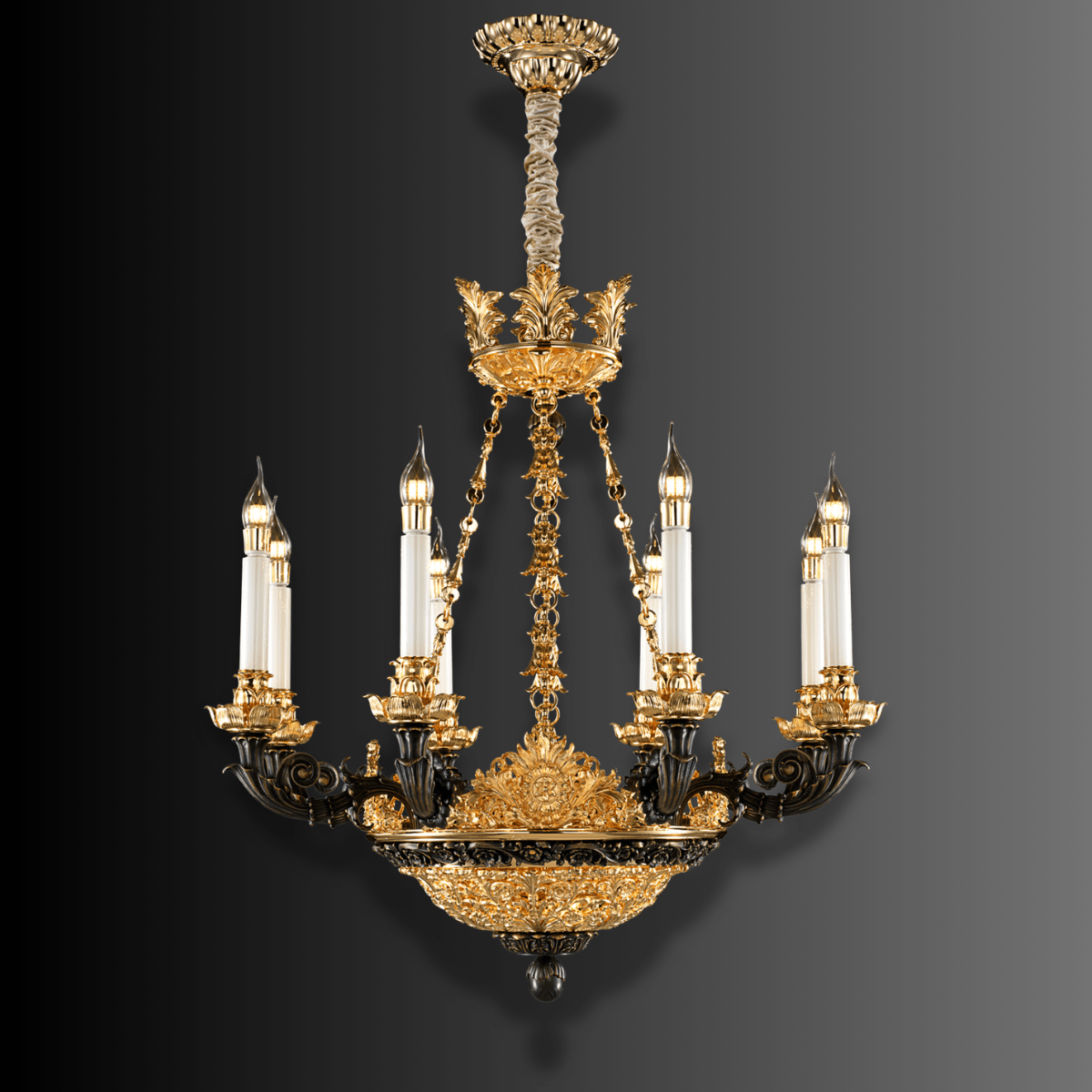 Opéra Noir Élégance black and gold French chandelier shown against a dark grey background.