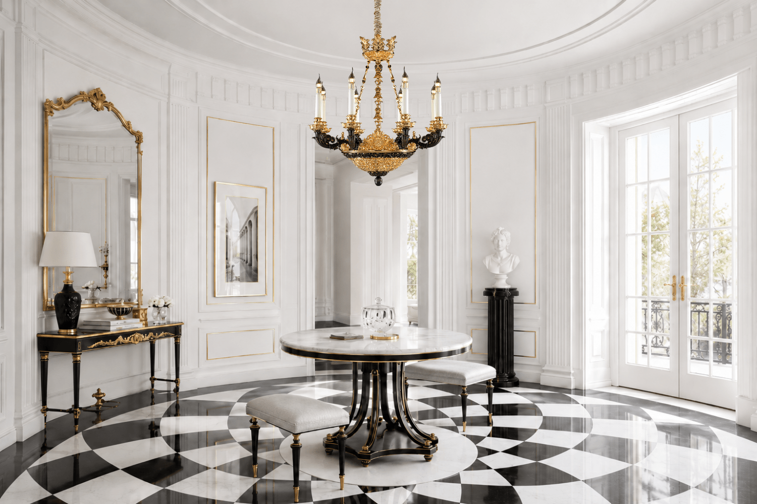 Opéra Noir Élégance 8-light French chandelier installed in an elegant luxury entrance hall.