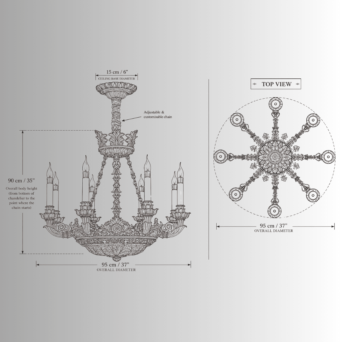 CAD drawing of Opéra Noir Élégance chandelier, 95 cm diameter, 90 cm body height and 8 lights.