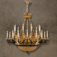 Opéra Noir Majesté black and gold French chandelier in 24K gold-plated copper on a neutral background.