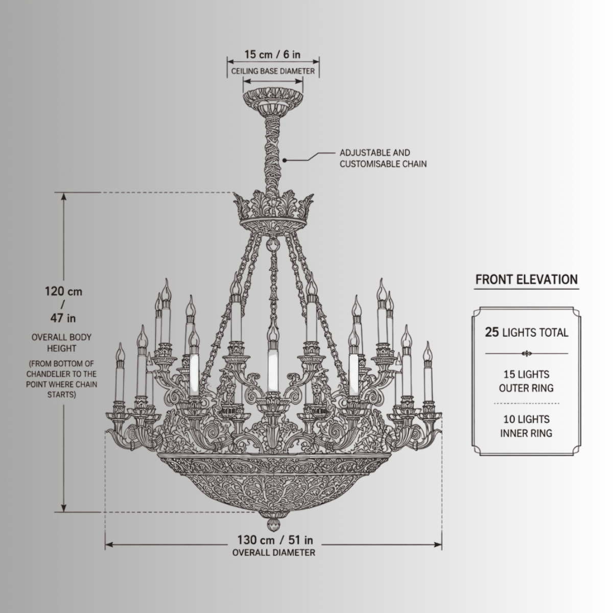 CAD elevation drawing of Opéra Noir Majesté chandelier with 130 cm diameter, 120 cm height and 25 lights.