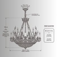 CAD elevation drawing of Opéra Noir Majesté chandelier with 130 cm diameter, 120 cm height and 25 lights.
