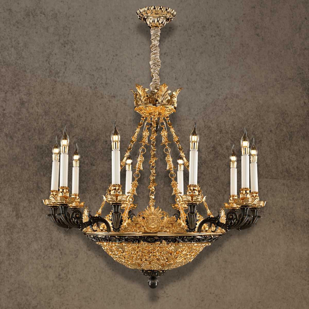 Opéra Noir Triomphe 10-light black and gold French chandelier in 24K gold-plated copper.