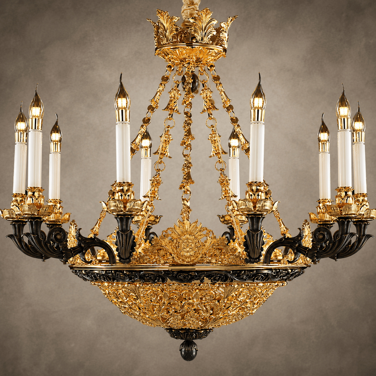 Close-up of Opéra Noir Triomphe chandelier showing matte-black copper and 24K gold-plated detailing.