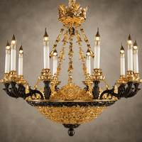 Close-up of Opéra Noir Triomphe chandelier showing matte-black copper and 24K gold-plated detailing.