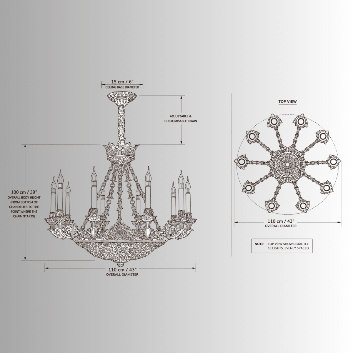 CAD drawing of Opéra Noir Triomphe chandelier, 110 cm diameter, 100 cm body height and 10 lights.