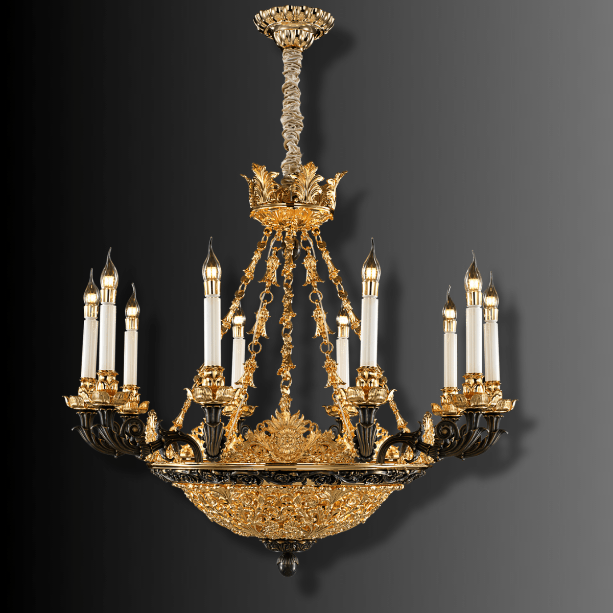 Opéra Noir Triomphe French-inspired black and gold chandelier shown against a dark background.