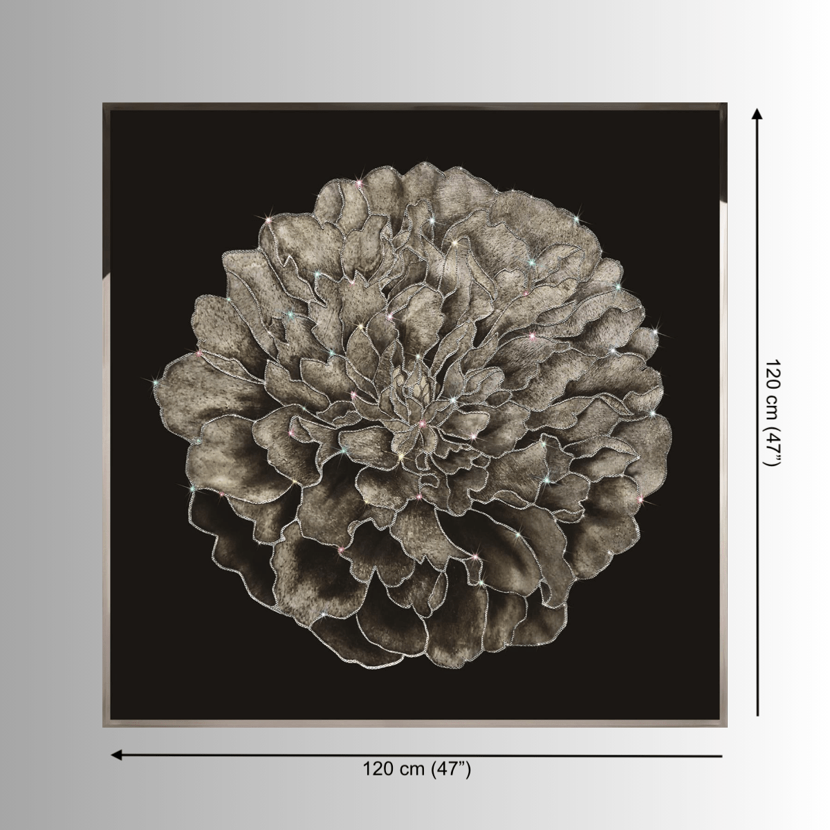 Ortensia collectible wall art shown with dimensions 120 cm(47") by 120(47") cm for scale and interior planning